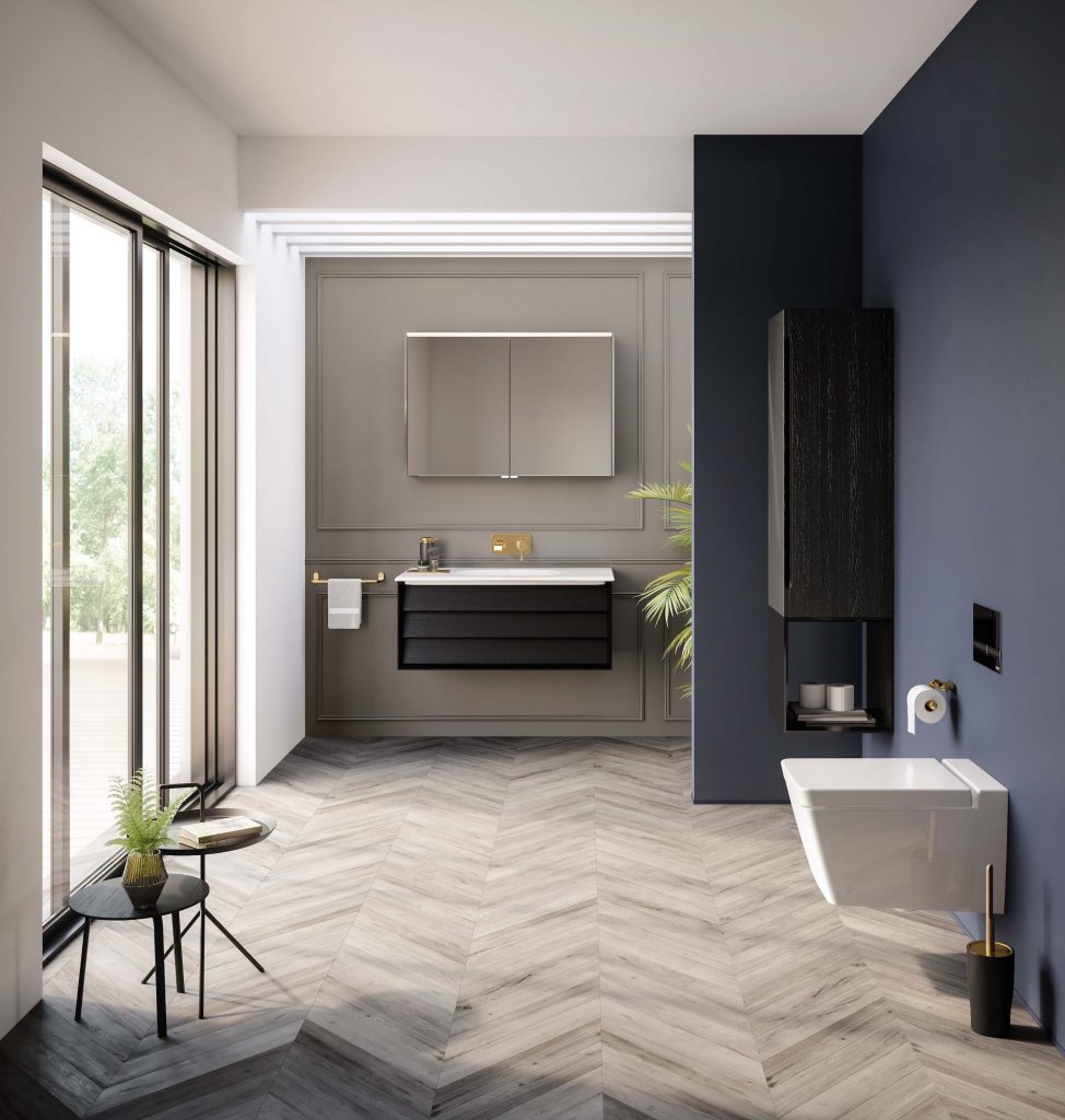 Modern bathroom with blue wall